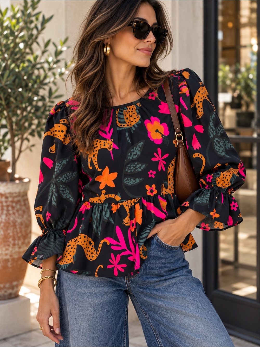Mud Pie Leopard Floral Peplum Blouse M Puff Sleeve Black Pink Boho #508